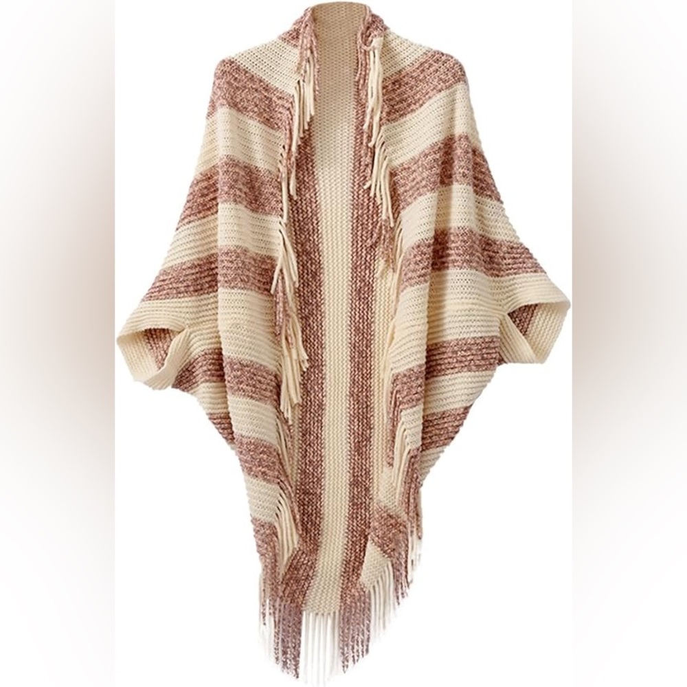 Fringe Knit Poncho Shawl Wrap by Kollie More One Size Fits Most NWOT